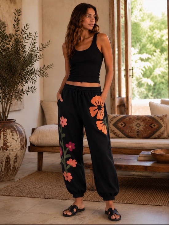 Pants - 124. Black Floral Sweatpants with Drawstring Waist